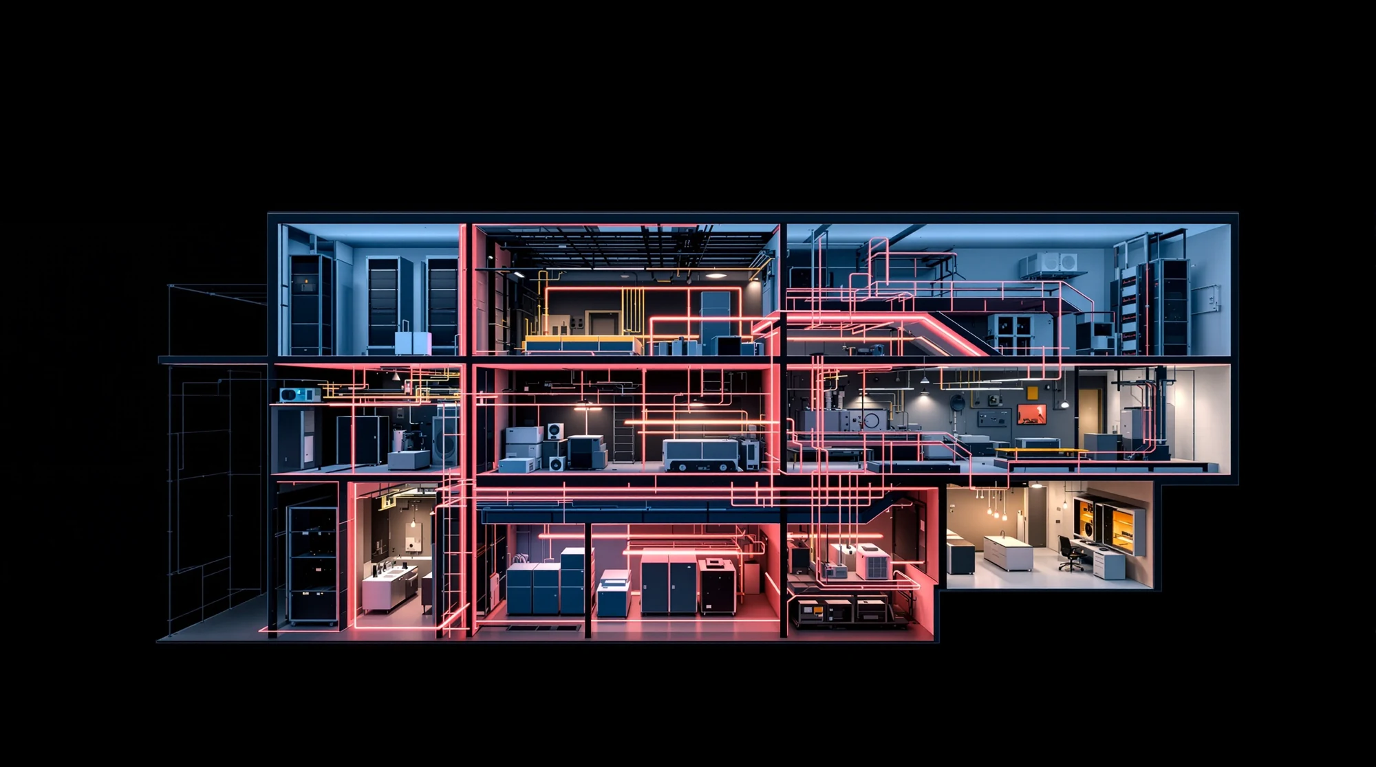 Illustrative building cutaway revealing ventilation, mechanical equipment and connected services