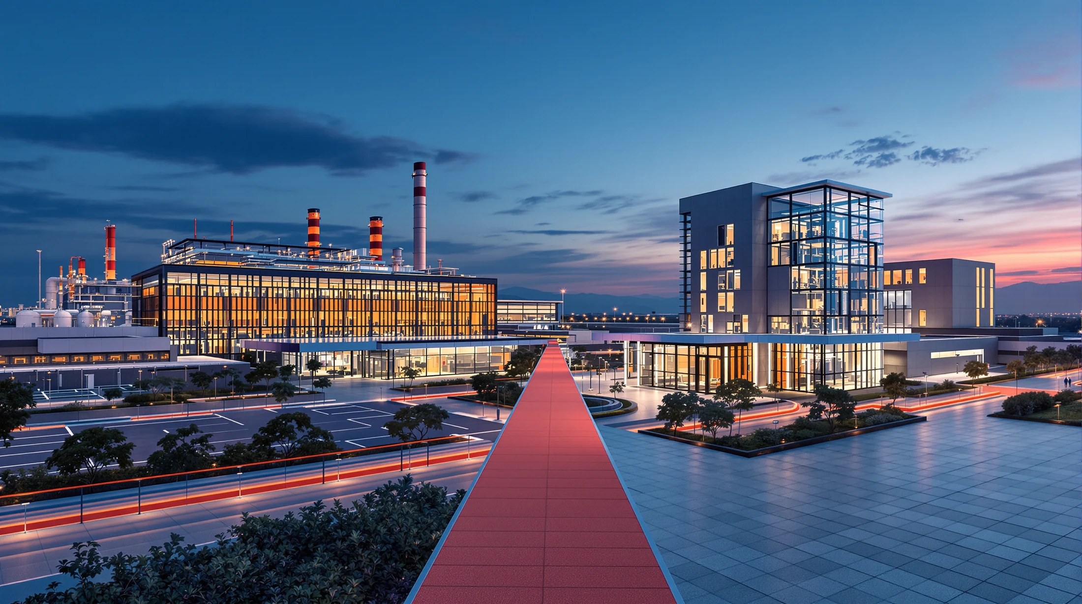 Architectural illustration of a connected industrial campus at dusk