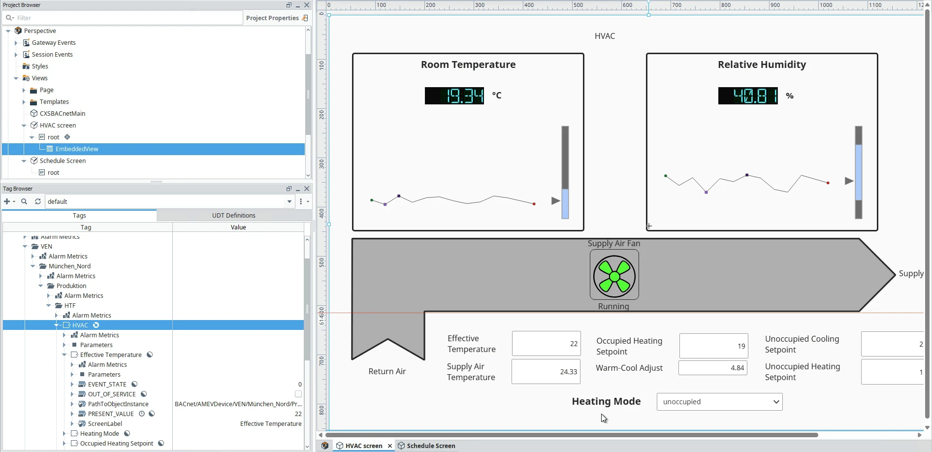 Real CXS demonstration capture showing an HVAC equipment tree and an Ignition Designer view