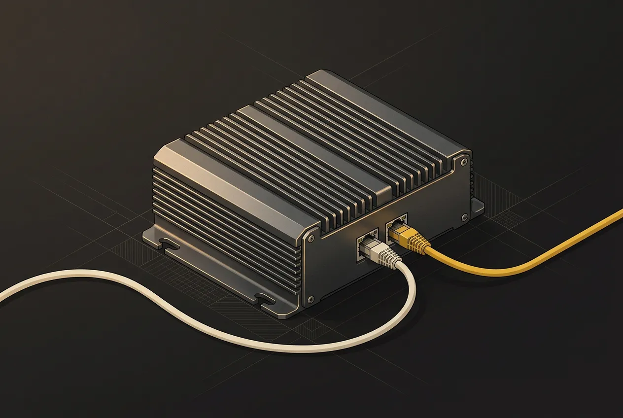 Illustrative generic fanless edge PC with two network connections; no specific brand